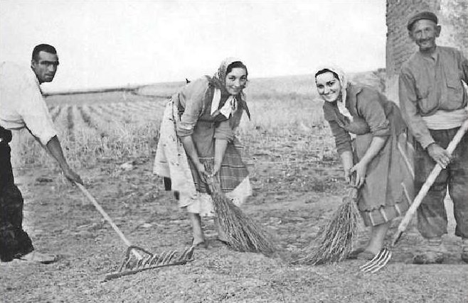 A train is stopped in a small town next to a train station and two elevators.