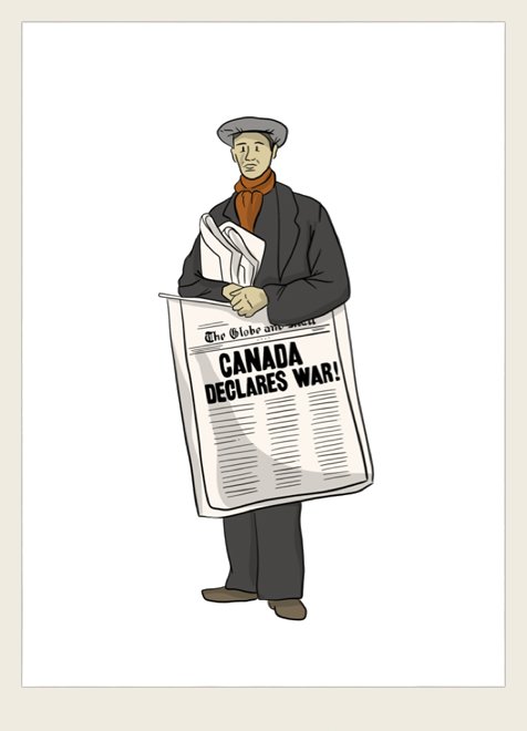 A man is selling newspapers. The newspaper says ‘The Globe and Mail – Canada Declares War’ on the front of it.