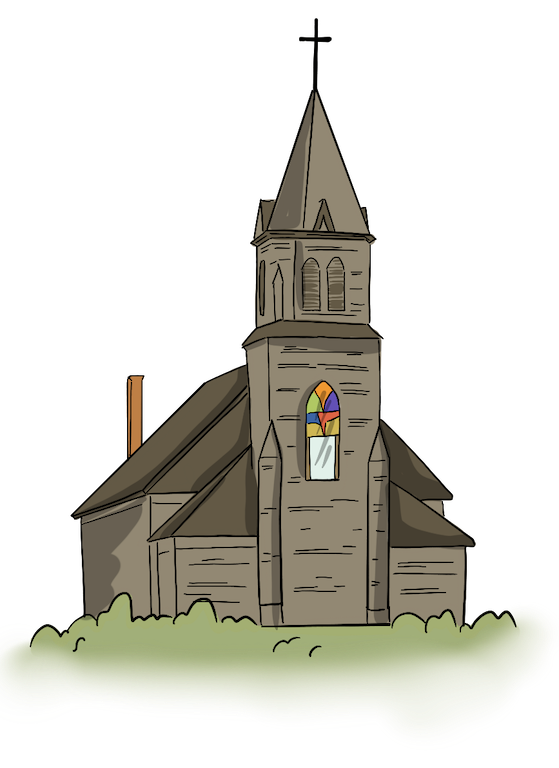 A wooden church is shown with a cross on the top of the building and a stained glass window.