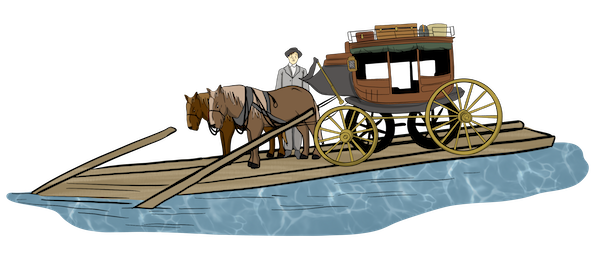 A stagecoach being pulled by two horses is seen parked on a ferry as it goes on the river. 