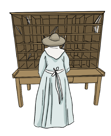 A illustration is shown of a post office box with a person picking up her mail.