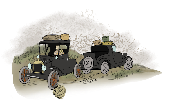 Two cars are traveling across the prairie in a dust storm. Both cars are loaded with many suitcases on the roofs. 