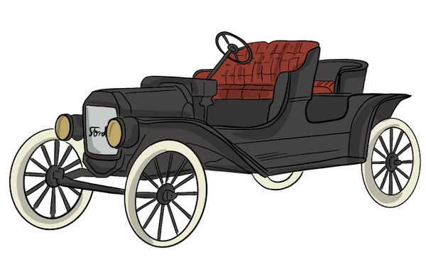 Past - settling the west - Canadian Government involvement A 1920s style car is shown with an open cab.