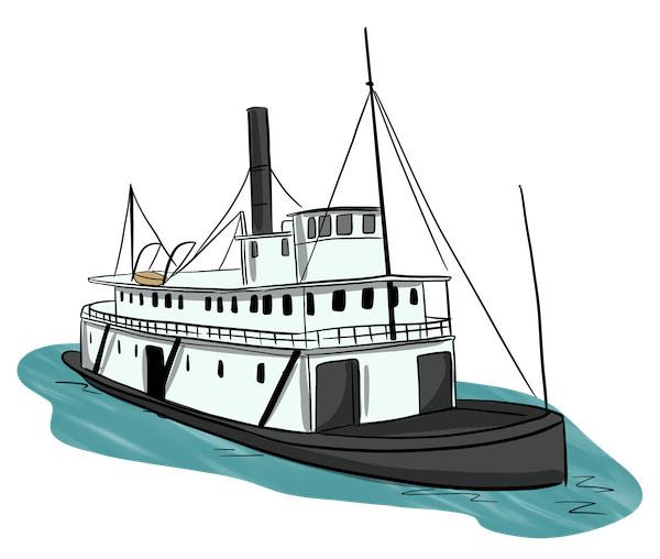 A river steamboat is traveling on the river. 