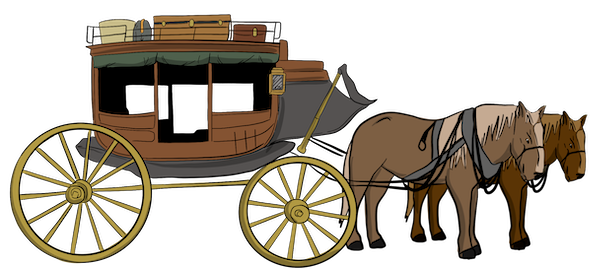 Two horses are pulling a stage coach that is had a bunch of suitcases on top of it. 