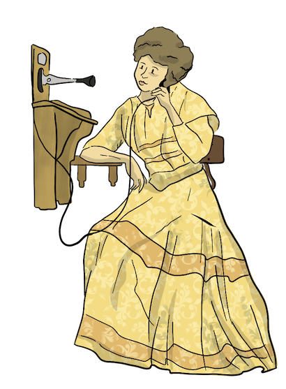 A woman is sitting on a stool with a telephone held up to her ear.