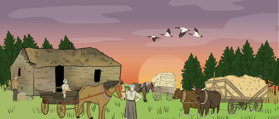 A sod homestead shows two hay carts being pulled by oxen and horses. Another woman is being pulled by a horse. A man is chopping wood off to the side. 