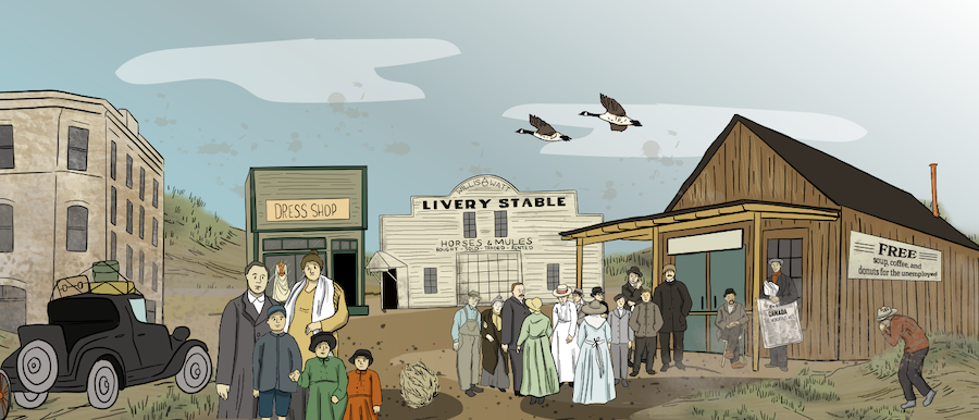 A farmily is standing outside their car that they have packed up to move away. In the background, a group of people have gathered at a building that says 'Free soup, coffee, and donuts for the unemployed'. 