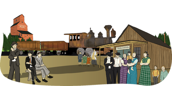 A train station is shown with the train parked on the railway behind it. A bunch of people are waiting for the train.