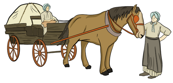 Two women are with a horse that is pulling a covered wagon. 