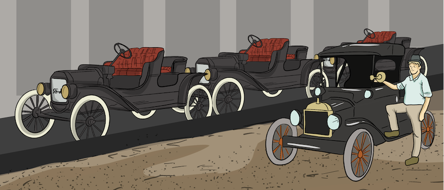 An illustration of a manufacturing plant shows cars being assembled. Off to the side, a man is standing at the side of the 1920s looking car and taking a look at it. 