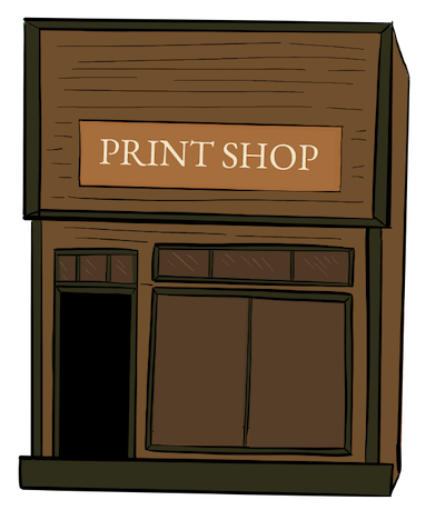 past-towns-print shop larger image The exterior of a print shop is shown.