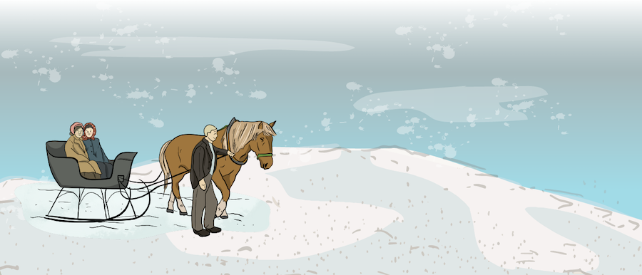 Two women are bundled up as they ride in a cutter that is being pulled by a horse through the snow. 