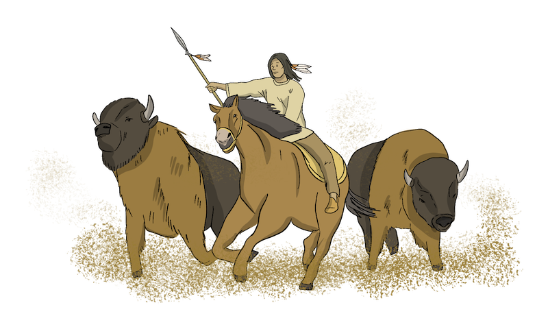 A herd of buffalo are running next to an Indigenous man on a horse. 