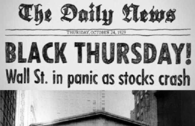 The front of a newspaper is shown from The Black Thursday when the stock market crashed.