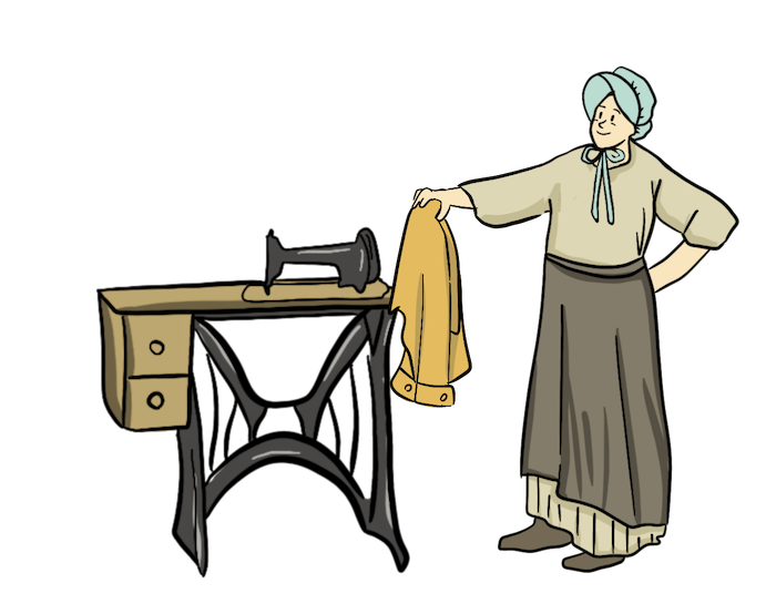 A woman is standing next to a sewing machine, holding up a shirt she is working on mending. 