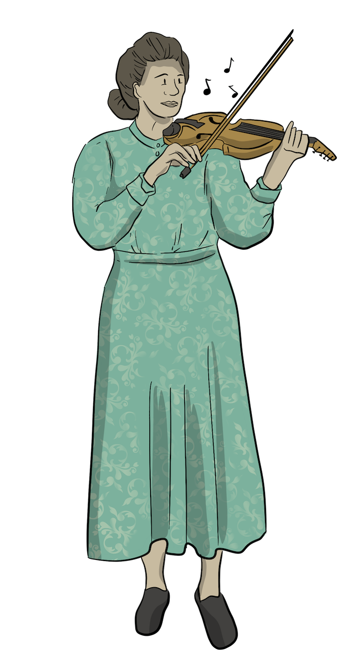A settler woman is playing a fiddle. 
