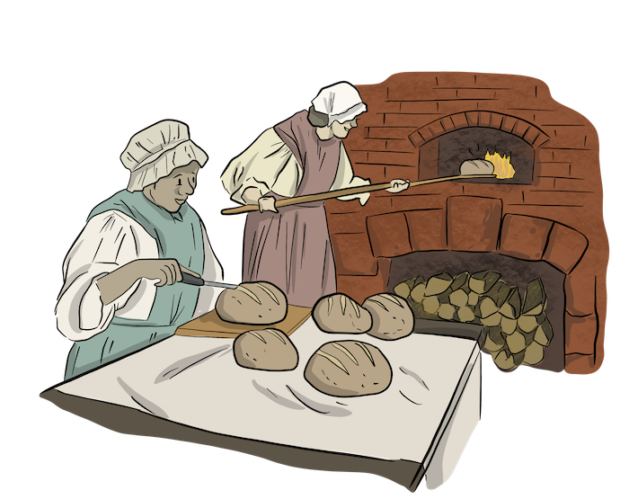 Two women are using a separate oven on the side of the fireplace to cook bread inside of it.  