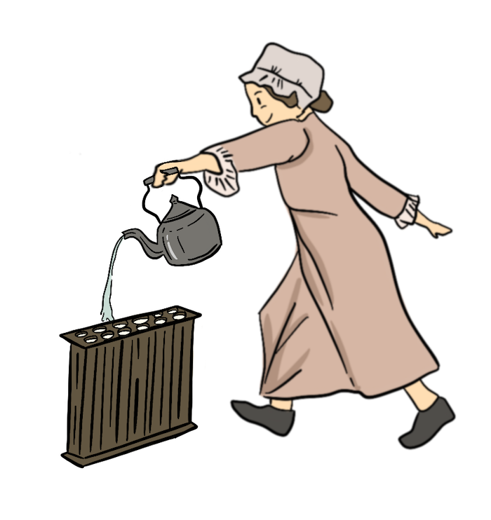 A young girl is pouring liquid wax into a candle mold. After the wax dries, they can use the candles. 