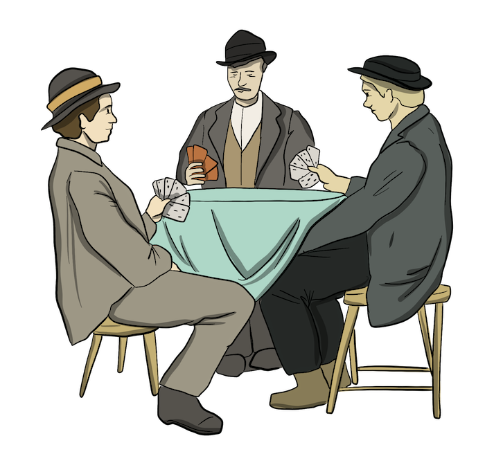 Three men are playing a game of cards at a table. 