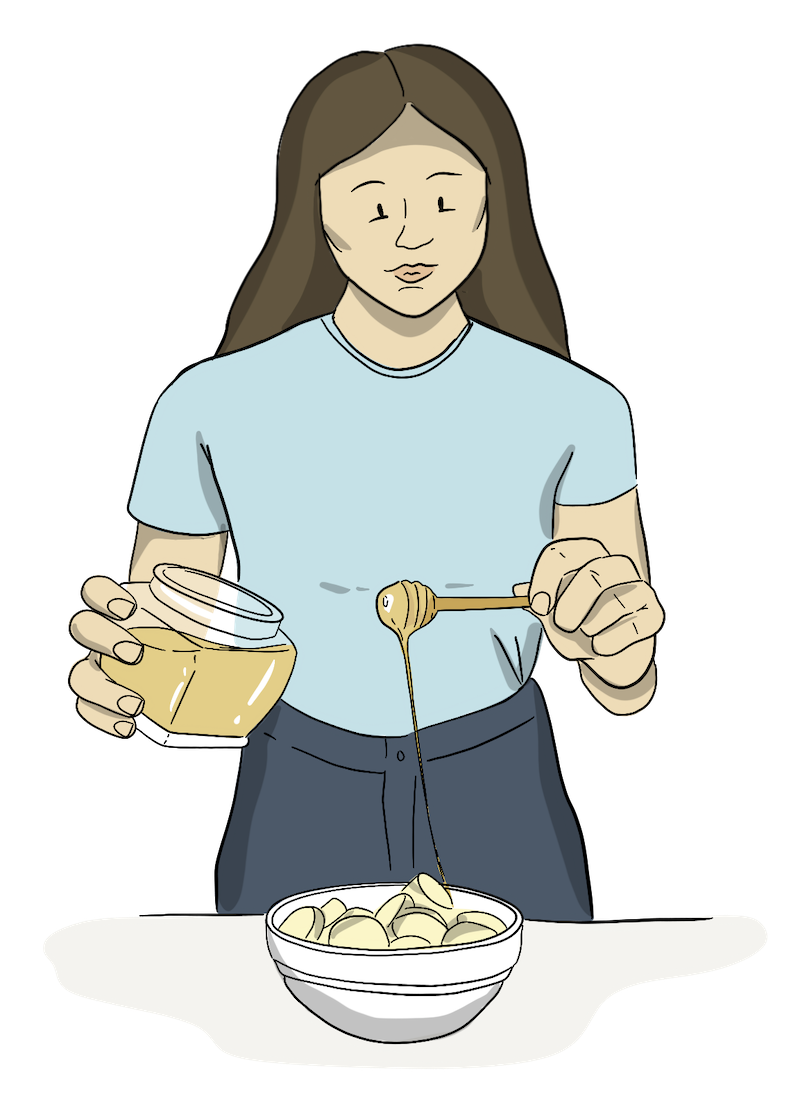 An illustration of a woman putting honey on top of the fruit in a bowl in front of her.