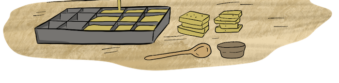 After the liquid in the soap mold hardens, the rectangles can be removed from the mold and used as soap. 