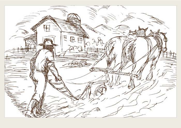 An illustration of two horses pulling a plow with a man running the plow, with a homestead in the background is shown.