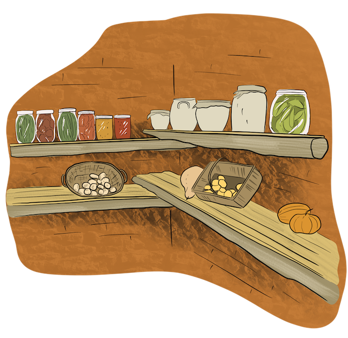 This illustrations shows shelves hanging in the root cellar that are full of jars that have pickled garden items in them. There are also baskets full of veggies too. 
