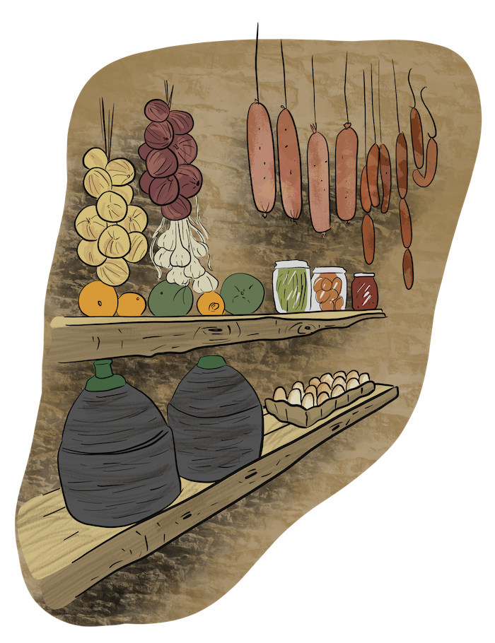 This root cellar has shelves for jars, baskets, food containers, and eggs. There are also food items that can be hung in root cellars such as onion, garlic, and smoked meats. 