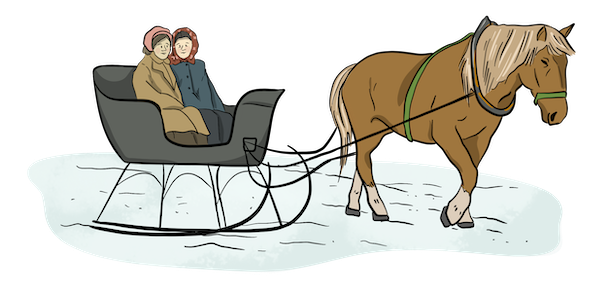 A horse is pulling two women in a cutter over the snow. The women are bundled up for winter weather.