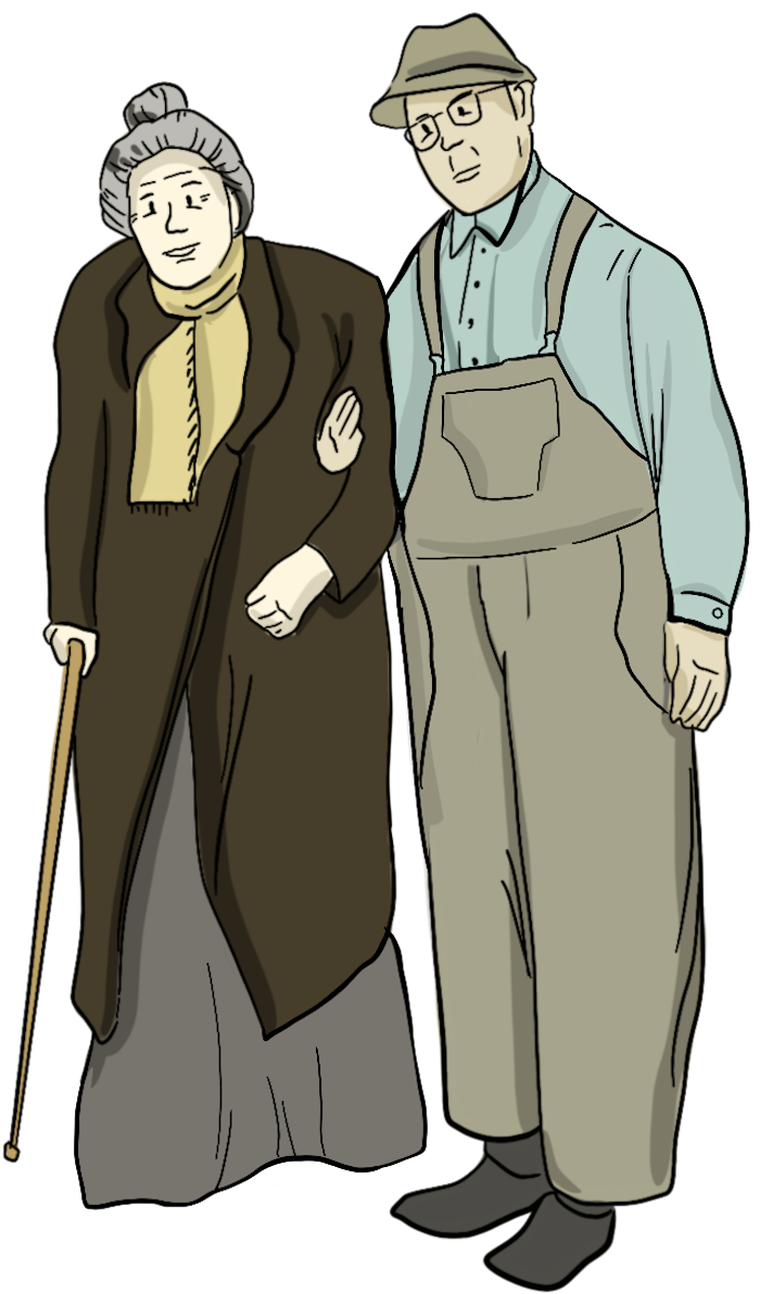 A an older couple are standing together. The grandpa is wearing overalls and a hat,while the grandma is wearing a skirt and an overcoat. 