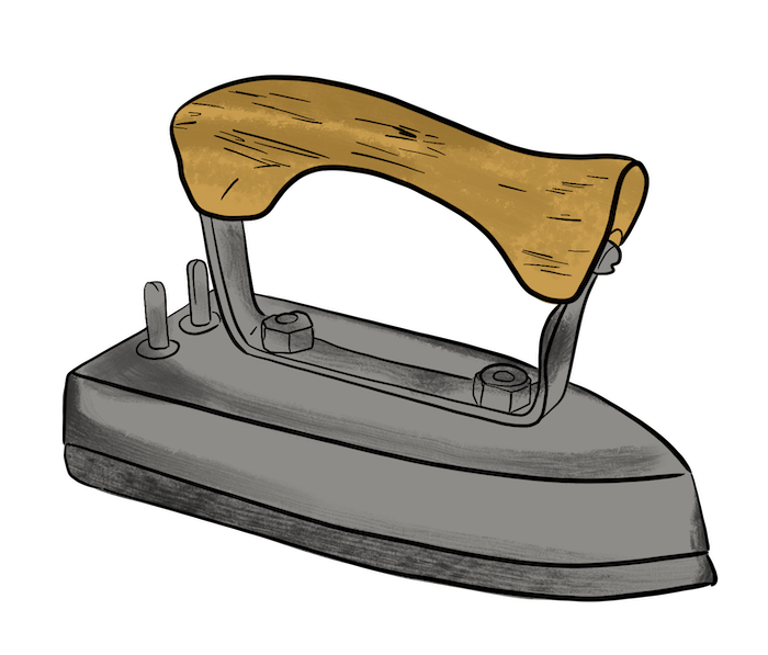 A illustration of an iron that is used for ironing laundry to remove wrinkles. 