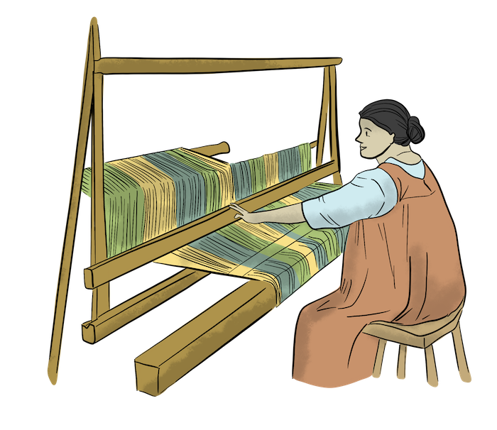 A woman is sitting on a stool next to a loom. She is weaving threads on the loom into linen cloth.