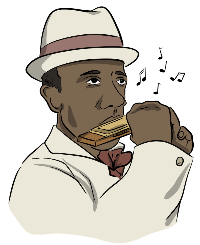Past - entertainment - harmonica A man plays a harmonica while wearing a 1920s hat and suit.