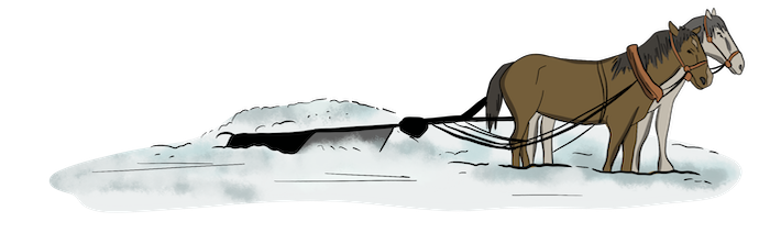 Two horses are pulling a scraper over a frozen lake to remove the snow so ice blocks can be cut out.