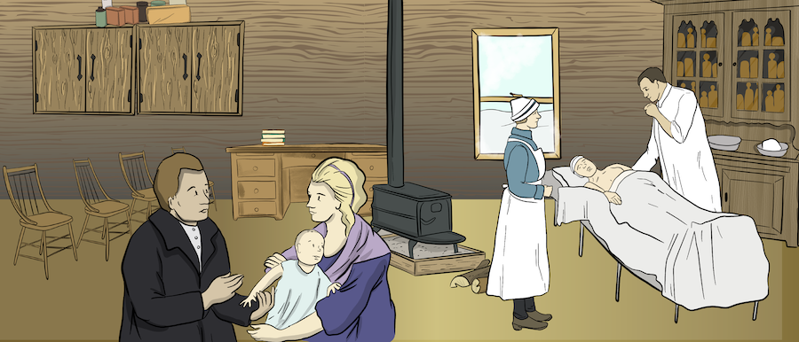 The interior of a doctors office is shown where a doctor and nurse are helping a patient who is laying in a bed. Another doctor is helping a new mother with her baby. There is a cabinet full of medicines an d supplies, as well as a desk and chairs for patients in the room. 