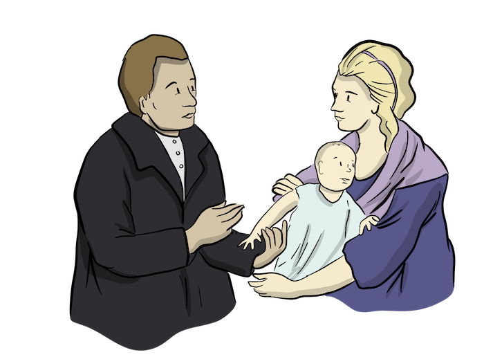 A doctor is helping a young mom with her new baby. The doctor is holding the baby's hand and talking with the mom about her concerns. 