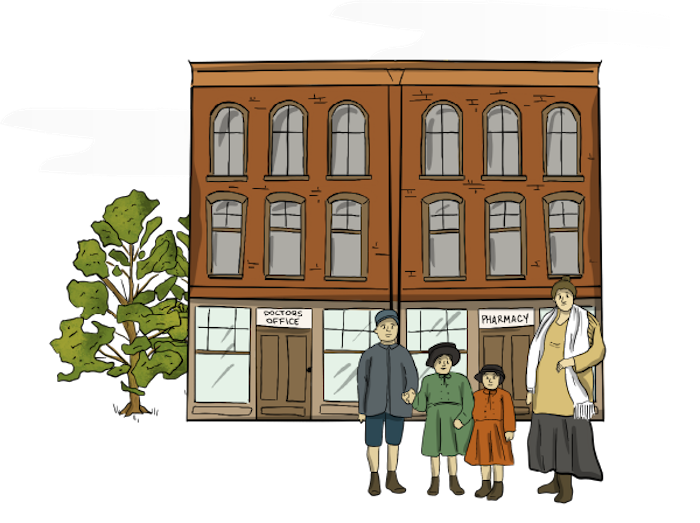 A doctor's office and a pharmacy are on the bottom floor of a three story building. These buildngs are shown on the main street of a town. A woman and her kids and a group of three men are gathered around. 