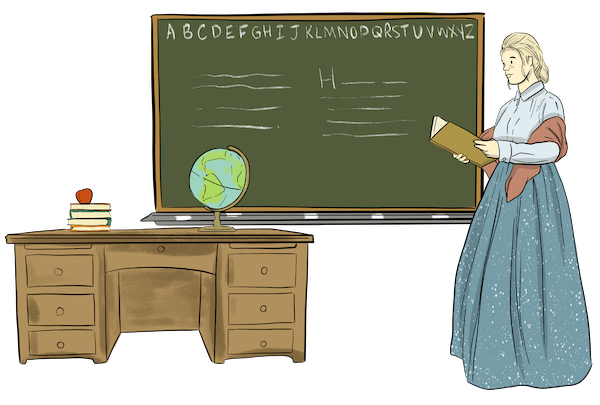A teacher is reading from her notebook, while she stands next to a chalkboard and desk. The desk has a pile of books, an apple, and a globe on it. 