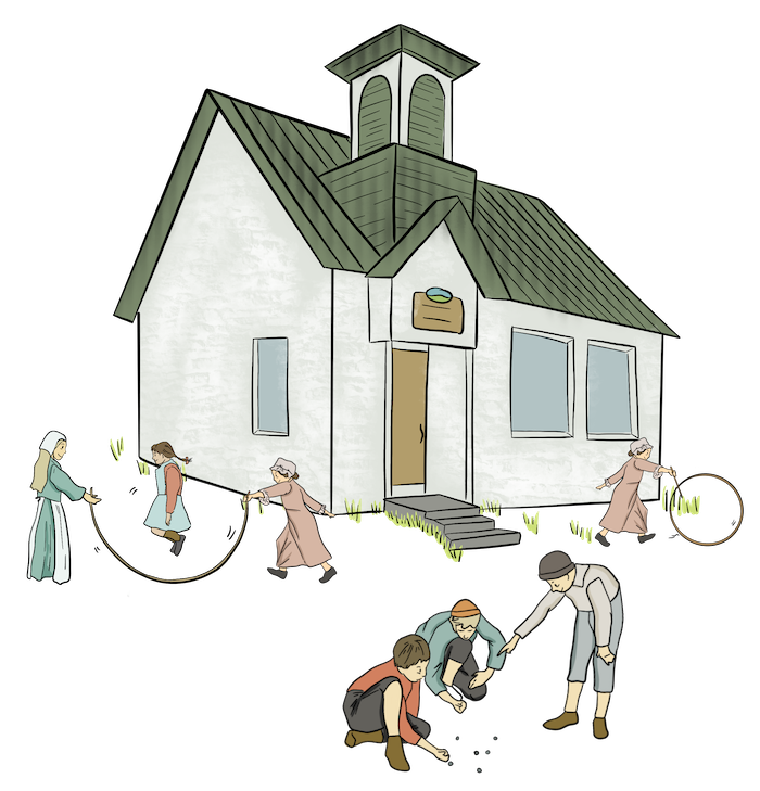 Children are playing various games outside of a one-room schoolhouse. 