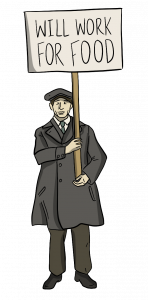 An illustration is shown of a man holding a sign that says ‘I will work for food’.