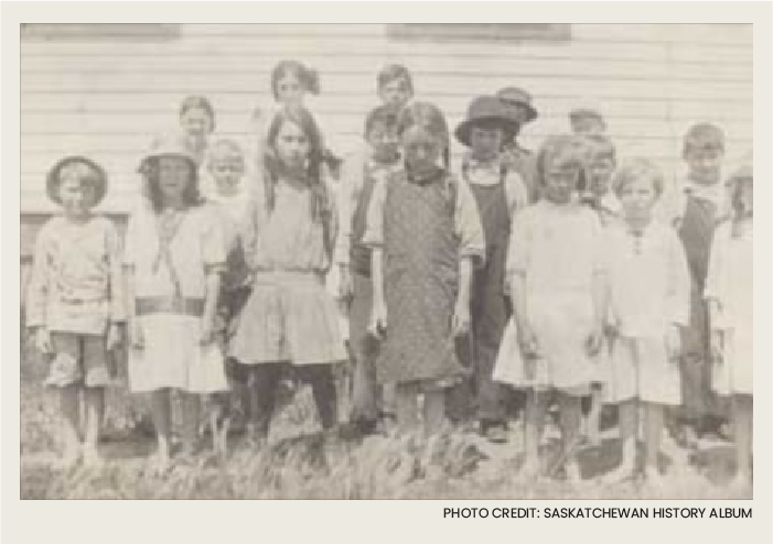 A group of seventeen young kids are standing in front of a wooden one-room school house.