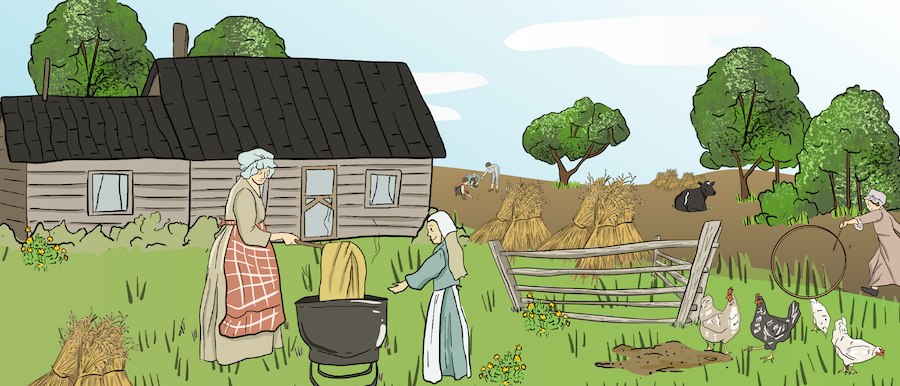 A mother and her daughter are washing laundry in a big wash container outside of their house. In the background, there are kids playing games and farm animals standing around. 