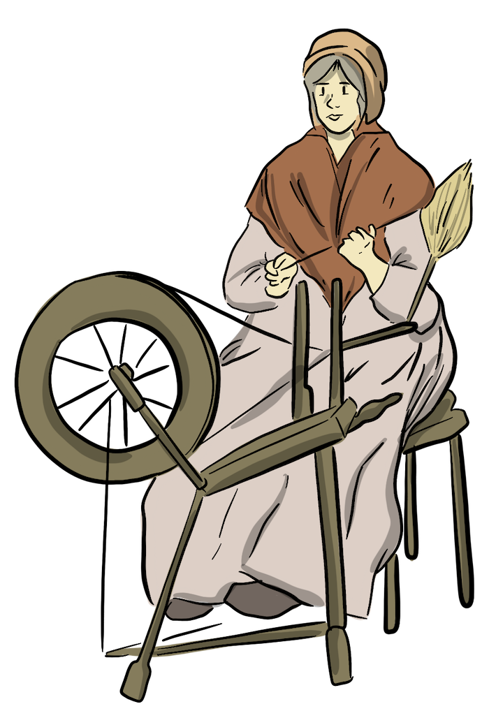 A woman is sitting on a chair next to a spinning wheel. She is spinning flax strands into thread.