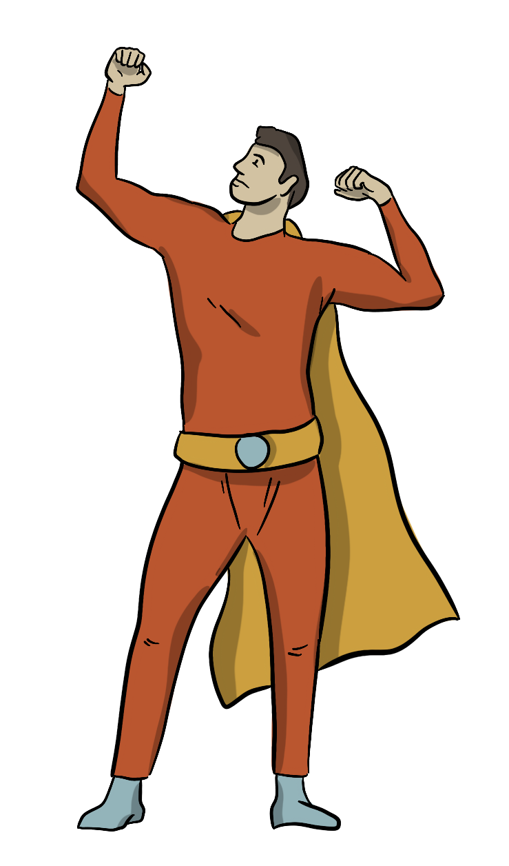 A superhero is flexing his muscles. 