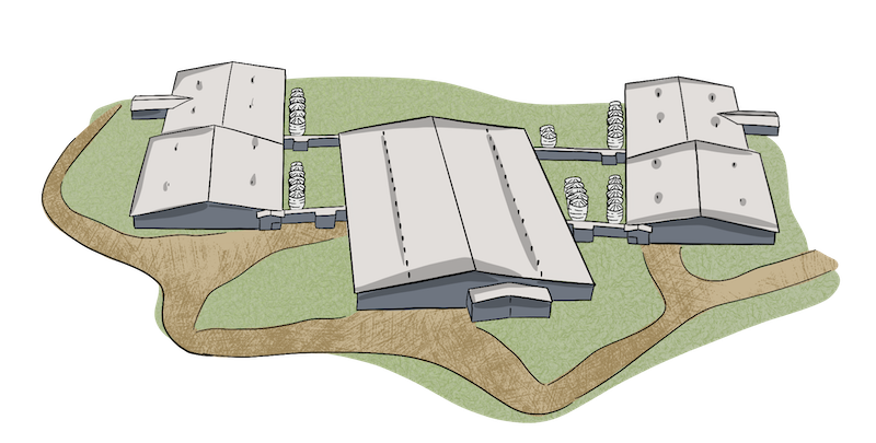An illustrated aerial shot of a modern-day pig barn with large barns next to silos.