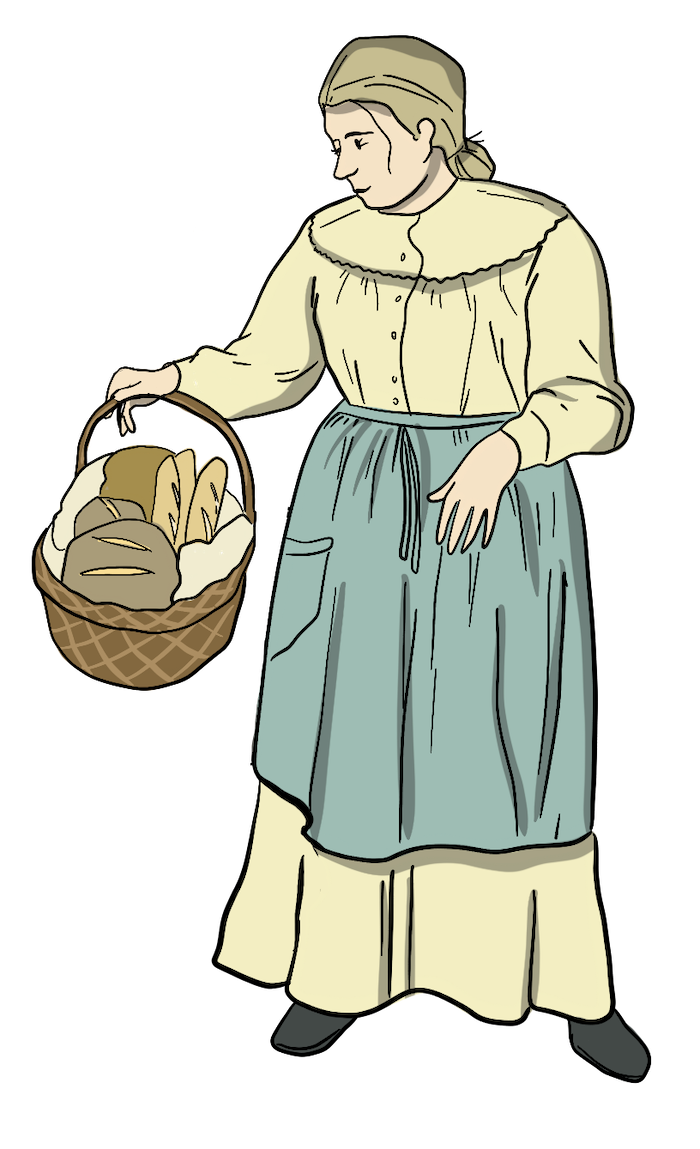 A woman is holding a basket of bread. 