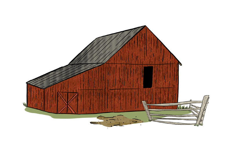 An illustration of a red wooden barn is shown