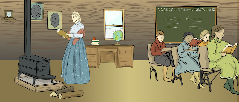 School classroom This illustration shows the inside of a one-room schoolhouse. Students are reading at their desks, while a teacher reads next to a stove.