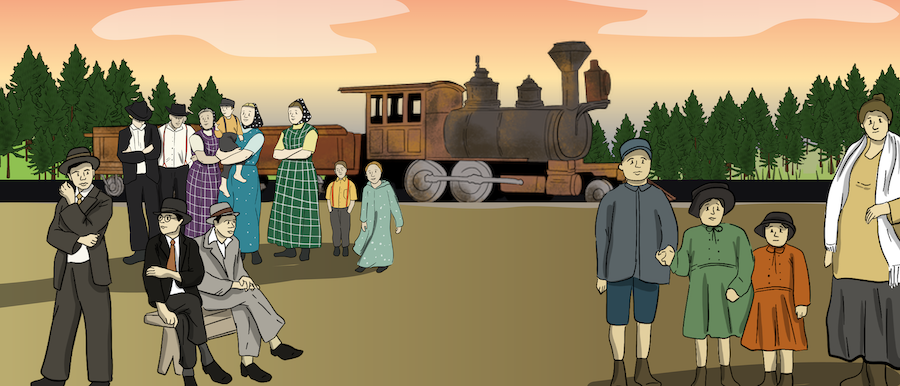 A group of people are gathered near a train, waiting to catch a ride. 